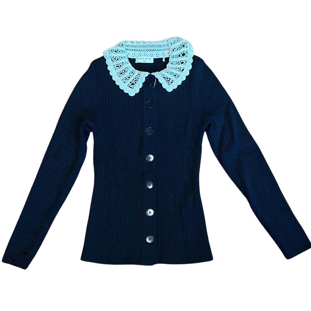Sandro Black Cardigan With Cream Crochet Collar